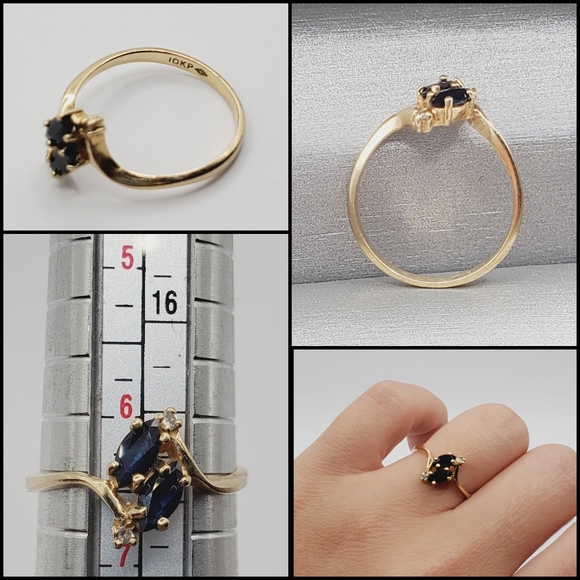 10k Solid Yellow Gold Double Marquise Blue Sapphire & Diamond Ring - Picture 2 of 3